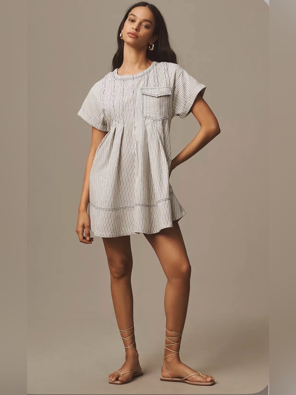 Pilcro Anthropologie Short-Sleeve Denim Mini Swing Babydoll Dress Blue Stripes